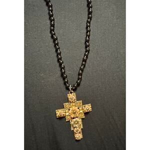 Y49 Rose Gold Colored Cross on long black bead necklace